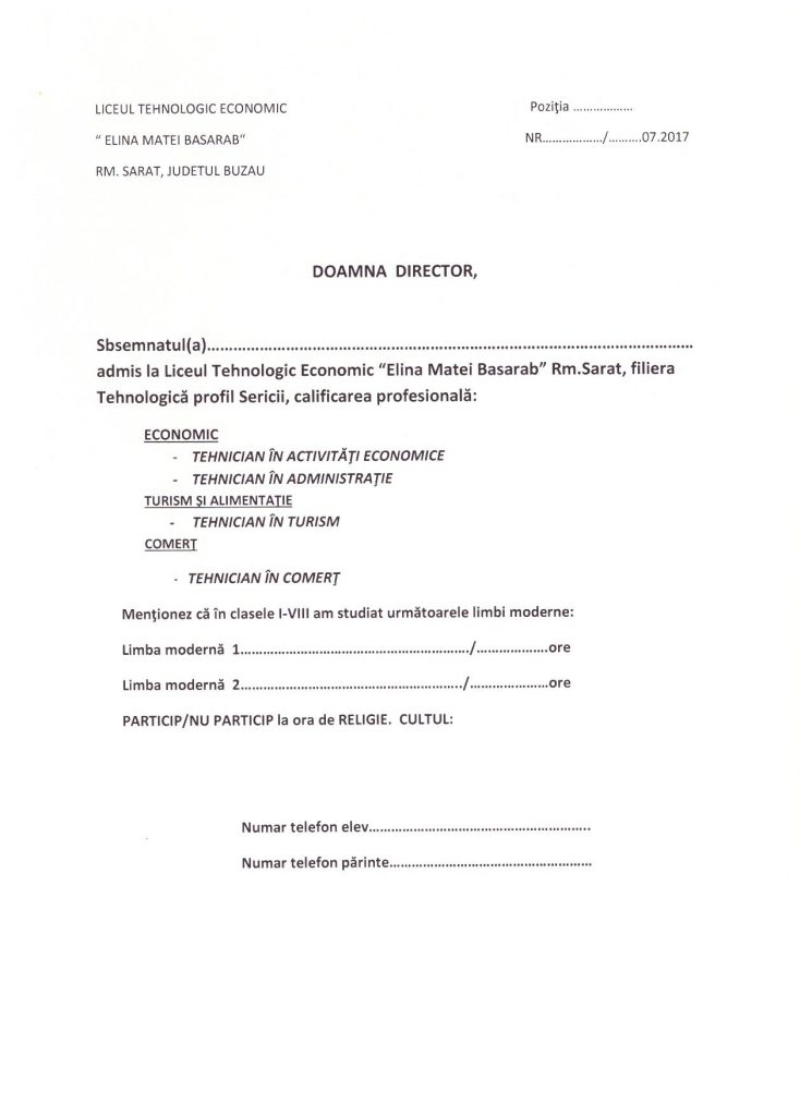CERERE DE INSCRIERE ADMITERE